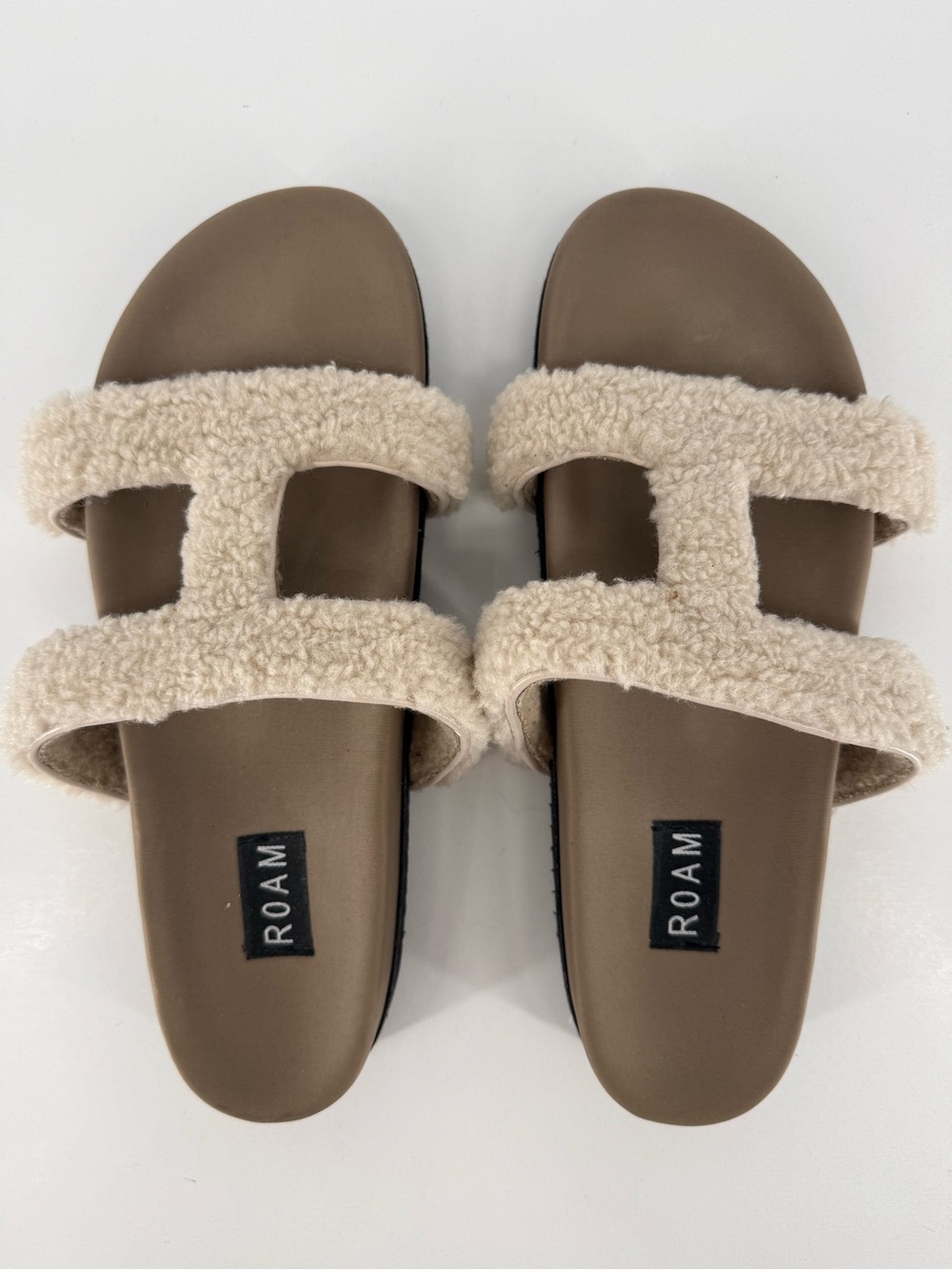 ROAM Cream Faux-Shearling Double Strap Slide Sandals